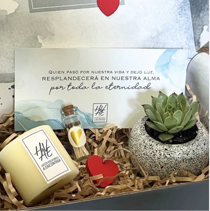 Detalle de caja conmemorativa con vela y suculenta