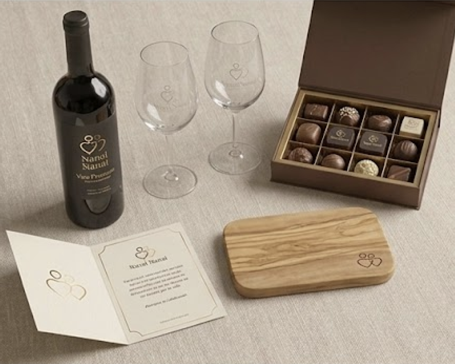 Caja Te Festejo — Vino premium, Copas, Tabla pequeña…